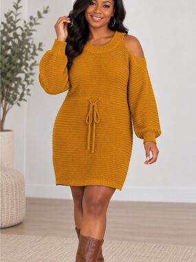 Cold-Shoulder Knit Mini Dress with Tie Waist in Mustard